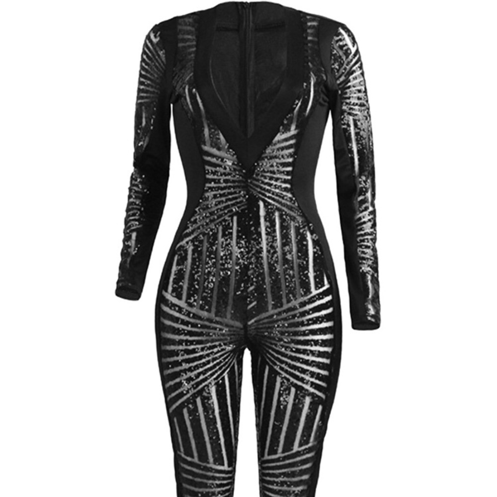 Stretch Deep V Neck Mesh Sequin  Bodycon Jumpsuit